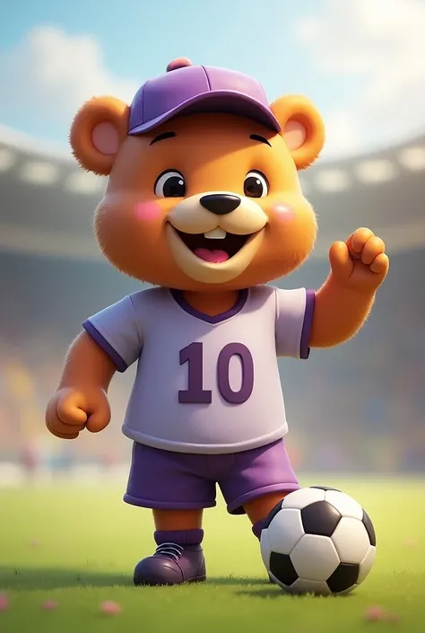  A little bear wearing the number 10 jersey in the color light lilac , wearing dark lilac shorts and a dark lilac cap ,  wearing a dark lilac boot in animated style with a soccer ball 