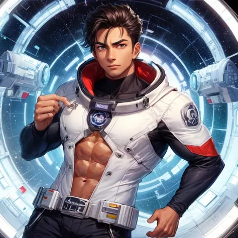 1man, Hispanic, dark hair, tan skin, brown eyes, big muscles, suit, spaceship window, universe background