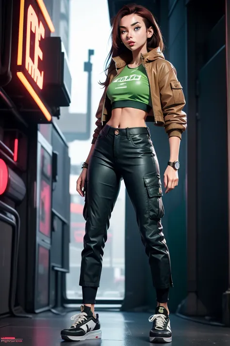 masterpiece, best quality, 1girl, medium breasts, long hair, brown hair, green cyberpunk jacket, cyberpunk crop top, cargo pants, skate shoes, dark blue eyes, wide hips,