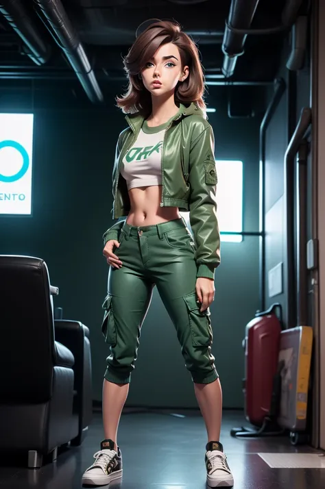 masterpiece, best quality, 1girl, medium breasts, long hair, brown hair, green cyberpunk jacket, cyberpunk crop top, cargo pants...