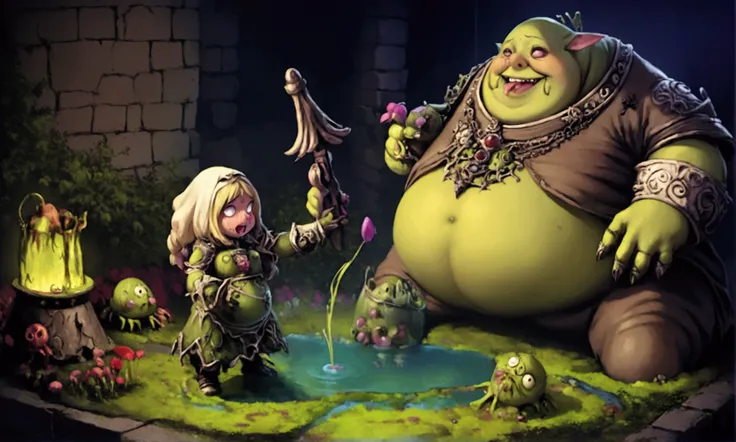 A cute woman begging Nurgle the corpulent plague lord, highly detailed, Nurgle happily working at his vat of noxious diseases in his plague garden, grim dark, dark fantasy, cinematic lighting, dramatic composition, muted colors, gothic, intricate details, ...