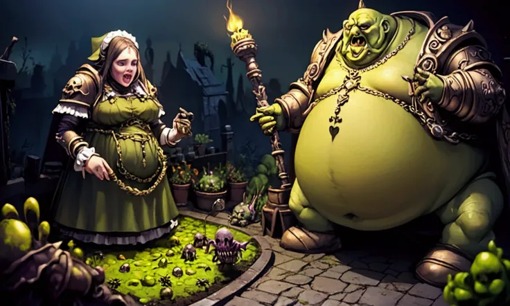 A cute woman begging Nurgle the corpulent plague lord, highly detailed, Nurgle happily working at his vat of noxious diseases in his plague garden, grim dark, dark fantasy, cinematic lighting, dramatic composition, muted colors, gothic, intricate details, ...