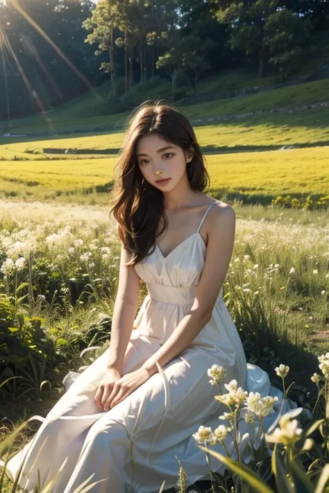 girl in white dress sitting in flower field with tall grass, strong sunlight and shadows