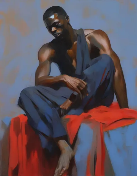 chiaroscuro technique on sensual illustration of an african american man and silky drapes, a thick textured oil painting, impast...