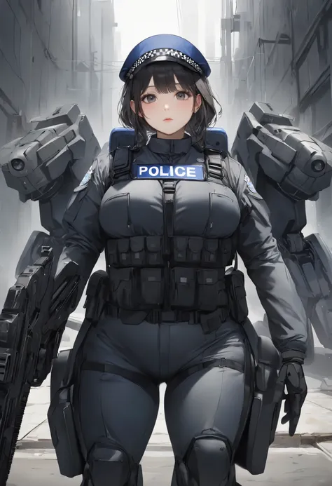 (8K, ARTISTIC (Highest image quality, outstanding details, ultra-high resolution, realism), highly condensed 1 beautiful girl, with a delicate and beautiful face, ((cowboy shot)), (a bit chubby:0.4), (wearing black racing suit likes police uniform, black a...