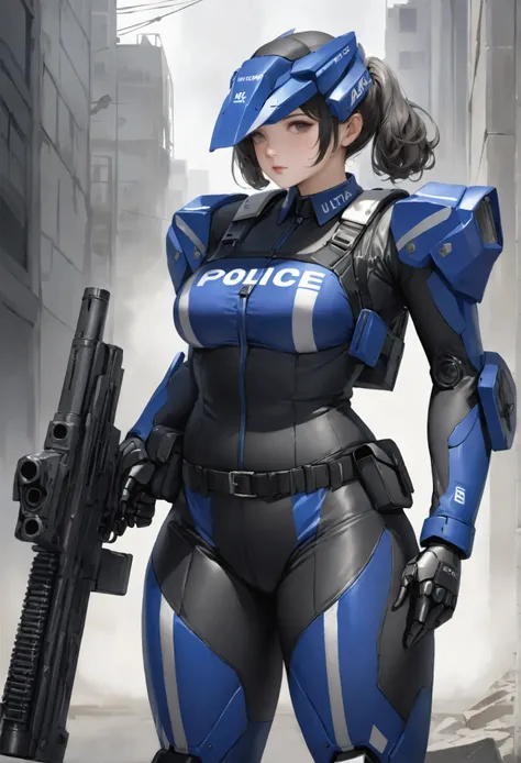 8K, ARTISTIC (Highest image quality, outstanding details, ultra-high resolution, realism), highly condensed 1 beautiful girl, with a delicate and beautiful face, ((cowboy shot)), (a bit chubby:0.4), (wearing black racing suit likes police uniform, black an...