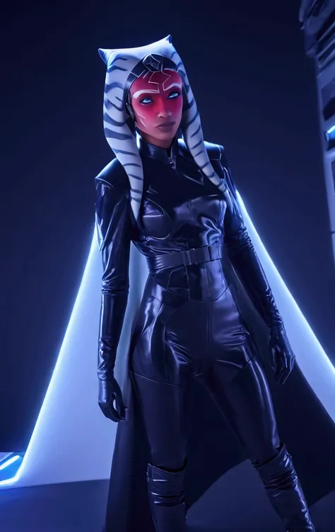 aahsoka and (((((glowing red eyes))))) sits confidently on a modern-looking chair. she is dressed in a white latex military unif...