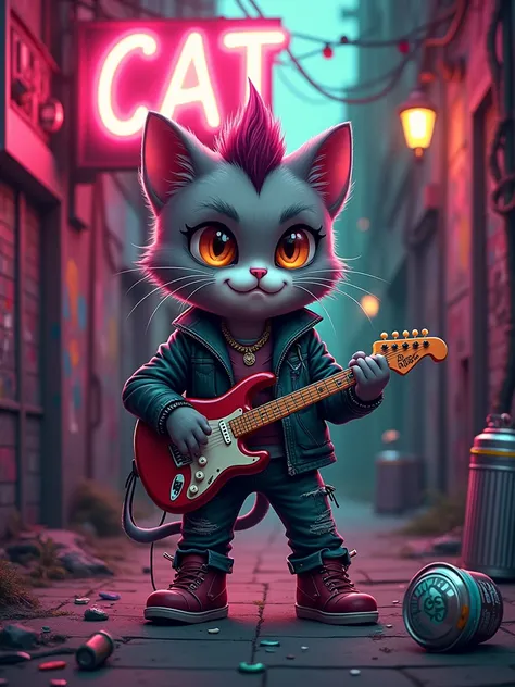 IMG_2847.CR2: Create a cartoony digital-art design featuring a street cat with a mohawk, piercings, and a torn leather jacket, holding a fish bone like a guitar. Surround the cat with musical notes, tuna cans, and spray-paint cans. The setting is a grungy ...