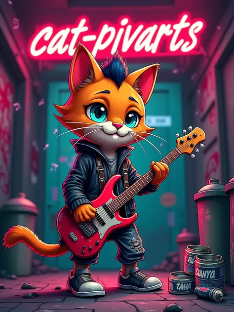 IMG_2847.CR2: Create a cartoony digital-art design featuring a street cat with a mohawk, piercings, and a torn leather jacket, holding a fish bone like a guitar. Surround the cat with musical notes, tuna cans, and spray-paint cans. The setting is a grungy ...