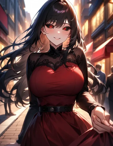 absurdres, highres, ultra detailed, HDR, masterpiece, extremely detailed face and eyes, Genos, (((Very Long black hair))), expressive red eyes, (((Black scleras))), One Punch Man, 1woman, beautiful, dramatic lighting, loving smile, eyelashes, large breasts...