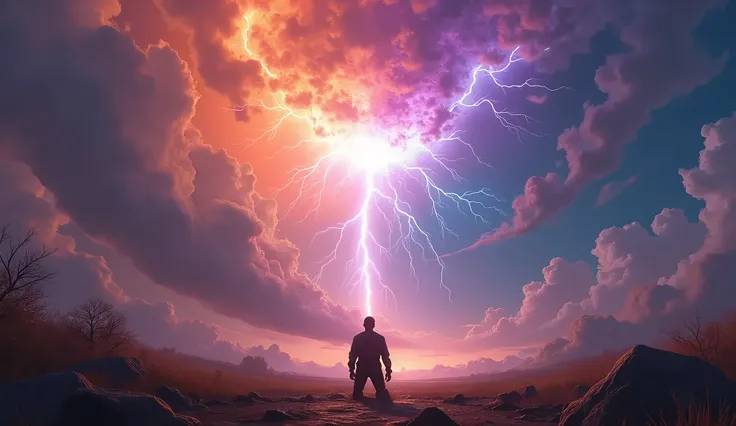 Job on his knees and seeing the power of God with thunder and lightning with vibrant colors orange purple and blue and apocalyptic scenarios .Disney style, Pixar e cartoon