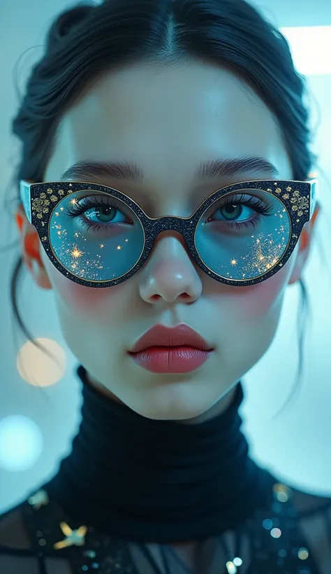 (the model is wearing glass sunglasses with stars and the moon on the glass