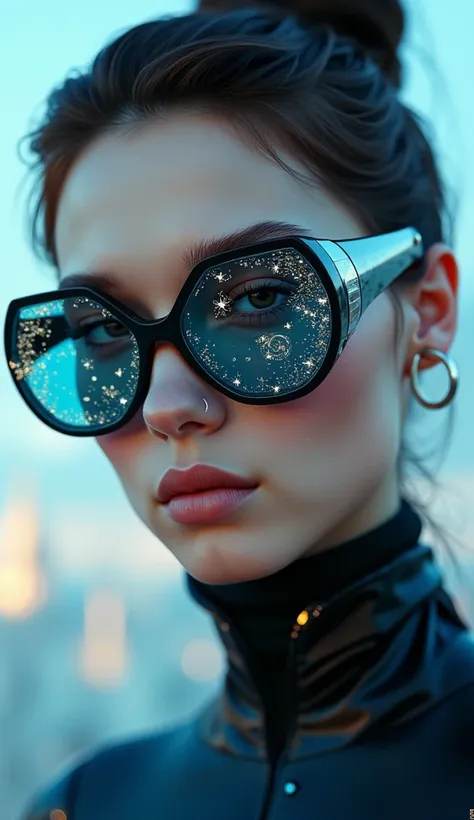 (the model is wearing glass sunglasses with stars and the moon on the glass