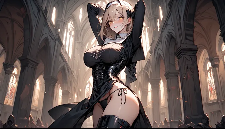 solo:1.3, female, tall, cowboy shot, nun habit, armor, knight, armor corset, thigh boots, yandere, huge breasts, very short hair, straight hair, platinum blonde, long legs, thighs, light yellow eyes, seductive smile, cute hair bow, blush, aroused, open col...