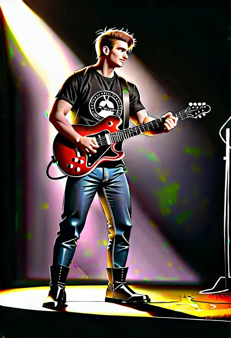  Guy rock musician , dressed in a black leather jacket,  on his feet blue jeans and black boots ,  guy rock musician , plays electric guitar, standing on stage ,  behind the rock musician guy ,  there is a drum set ,  played by a rock drummer,  dressed in ...