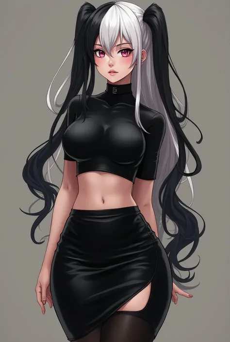 Anime style girl with . 1,75 cm tall,  white and black hair like Bokuto Kotaros hair reaches her shoulder blades,  thick pink lips with a mischievous look , senos copa H,  5 piercings in each ear , Wide hips,  wears a tight knee-length black leather skirt ...