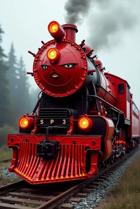 A steam locomotive in red powered by electricity on a tender with letters and numbers SPF 3 in the smoke box with a confident expression with feminine eyes and a mouth with clear tracks futuristic design 