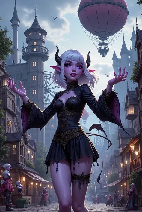 (Ultra-detailed face, Looking away, Fantasy Illustration with Gothic, Dark tone colors.), BREAK 
(This is an amusement park in a fantasy world where medieval Eastern European-style magic exists. The amusement parks attractions are all huge: a wooden roller...