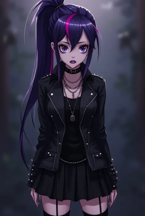 "Create an anime-style image inspired by the art style of *Oshi no Ko*, featuring a gothic version of Twilight Sparkle from *Equestria Girls*. She has pale lavender skin and long, dark hair tied in a high ponytail with purple and pink streaks. Her outfit i...