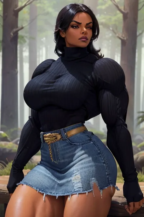 ((Close-up)), tall, (black hair), beautiful muscular woman, long straght hair, brown skinned, closed smile, large breast, (black lipstick), (massive muscles), (hyper muscle), ((ginormous bulky muscles)), orange eyes, ((((long sleeve turtleneck sweater)))),...