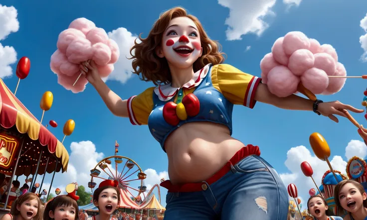 (1girl, cute woman, age 25, two piece outfit, belly uncovered, cotton candy, corn dog, happy), clown themed amusement park, almost horrifying rides, crowded with teenagers and clown mascots, viewed from a low angle looking up at cute woman(best quality,4k,...