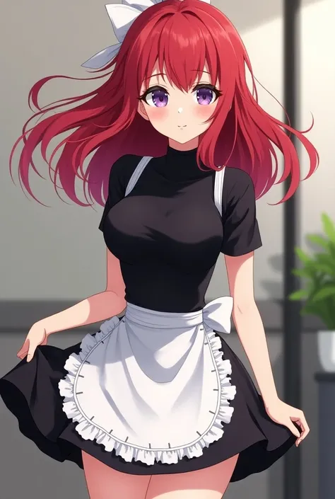 	• Her: just, smooth,  strong red ;  up to shoulders ,  voluminous with slightly wavy bangs ,  that falls loosely on the face .  The red of the hair is intense and shiny , typical of the anime style.
	• eyes : large, violett/Lila;  thick black eyelashes , ...