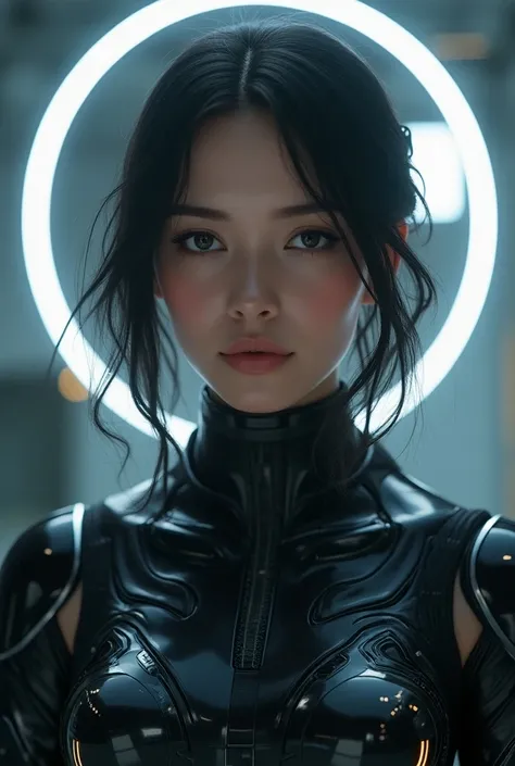 a beautiful woman in a futuristic outfit, glowing halo, detailed facial features, piercing eyes, elegant hairstyle, intricate costume design, advanced technology, metallic accents, dramatic lighting, cinematic composition, photorealistic, highly detailed, ...