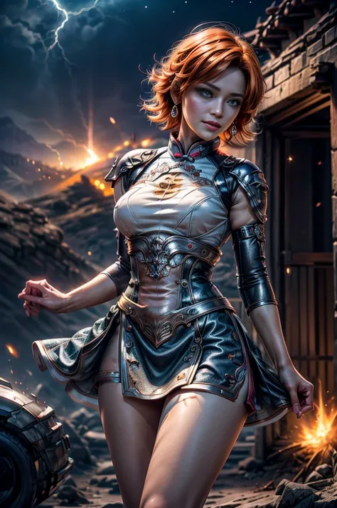 1girl,cowboy shot, beautiful (nora_valkyrie), looking at viewer, smile, lips, short hair, blue eyes, orange hair, hoop earring, dragon print qipao Dress, black nail, night, stars, lightning strikes, standing, in Petra, Jordan best quality, masterpiece, int...