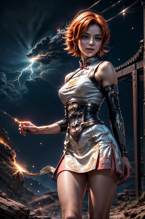 1girl,cowboy shot, beautiful (nora_valkyrie), looking at viewer, smile, lips, short hair, blue eyes, orange hair, hoop earring, dragon print qipao Dress, black nail, night, stars, lightning strikes, standing, in Petra, Jordan best quality, masterpiece, int...