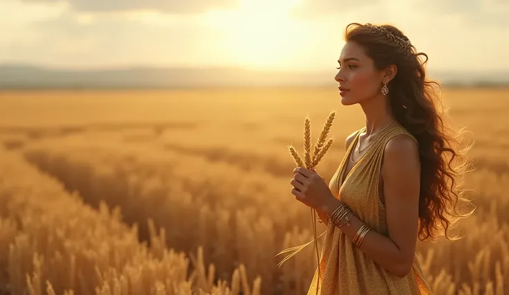 " Create an ULTRA-REALISTIC image of Demeter IN THE CORNER LOOKING IN FRONT OF THE SCREEN during a harvest ceremony, dressed in an exquisite shiny gold robe and gold threads on her head .  She holds a wheat branch , with simple gold bracelets on their wris...