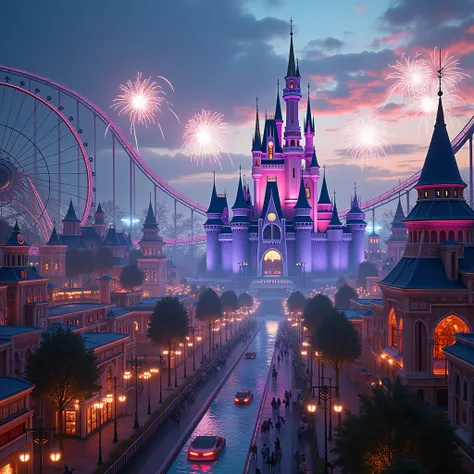 Ultra-photorealistic, cinematic scene of a futuristic Disneyland amusement park, where iconic landmarks like Cinderellas Castle and Space Mountain are reimagined with advanced technology and glowing neon accents. The park is filled with towering roller coa...