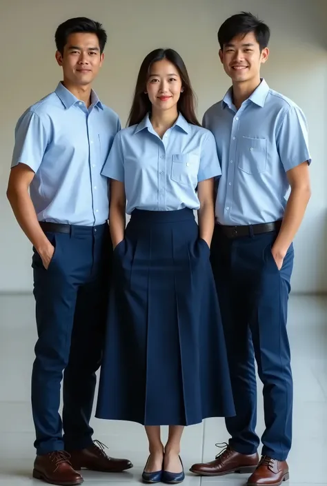  3 students Standing one woman and two men wearing a short sleeve dress shirt with pocket on the left side of the chest Dress. women wearing long dark blue skirts and mens dark blue pants  