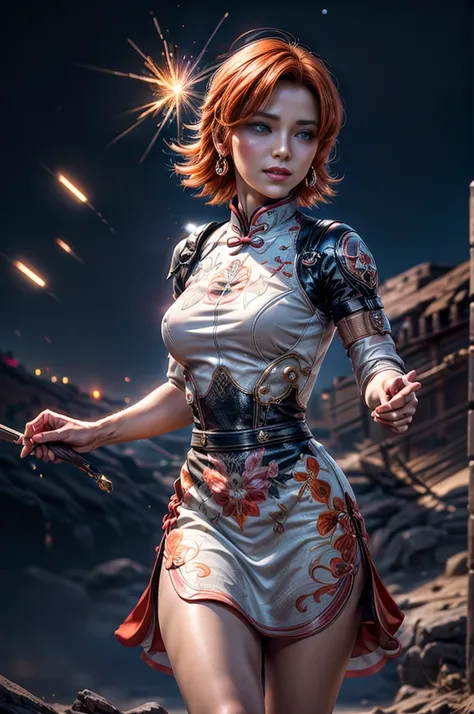 1girl,cowboy shot, beautiful (nora_valkyrie), looking at viewer, smiling, lips, short hair, blue eyes, orange hair, hoop earring, floral print qipao Dress, black nail, night, stars, she is holding an electrical spark, standing, in Petra, Jordan, best quali...