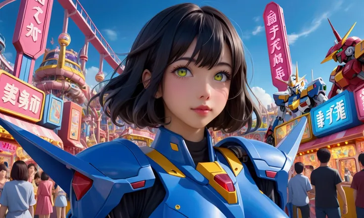 A cute woman, age 25, two piece outfit, belly uncovered, beautiful detailed eyes, beautiful detailed lips, extremely detailed eyes and face, long eyelashes, detailed skin, detailed hair, detailed clothing, at a Gundam themed amusement park, extremely flash...