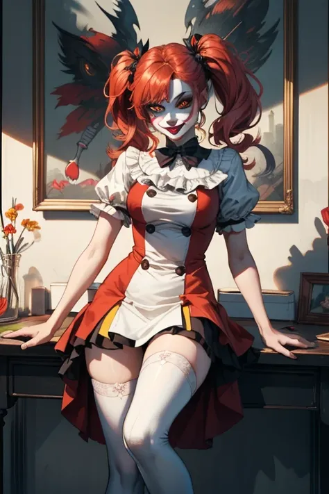 (extremely detailed CG unity 4k wallpaper),(masterpiece),(best quality),(ultra-detailed),(best illustration),(best shadow),(absurdres),(Detailed background), Pale skin, Clown girl, Clown make up, White and red clown girl dress, White stockings, Very long r...