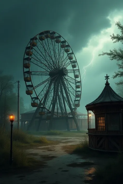 An abandoned amusement park, ferris wheel,dark clouds, lightning, apocalypse,