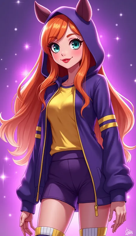 (Close up), (Close up from top of head to bottom of thigh) ((Barbara from DC Super Hero Girls 2019)), Barbara is a tall, slim and fair-skinned teenager with rosy cheeks, bright-emerald eyes and long, hot-orange hair with a brighter-colored ombre on the bot...