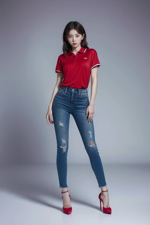 Hot Korean woman wearing red tennis polo, blue skinny tight jeans, and red high heels. Full body from head to toe. Standing in a full height from head to toe. 8k HD resolution best quality.