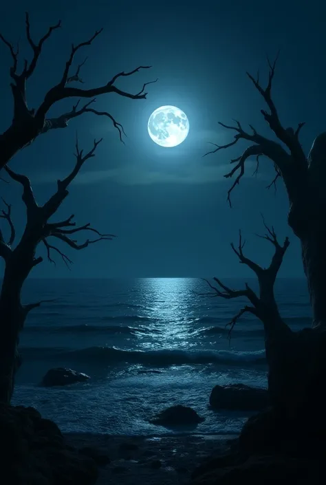 night night, Sea around the full moon with dry branches surrounding the sea