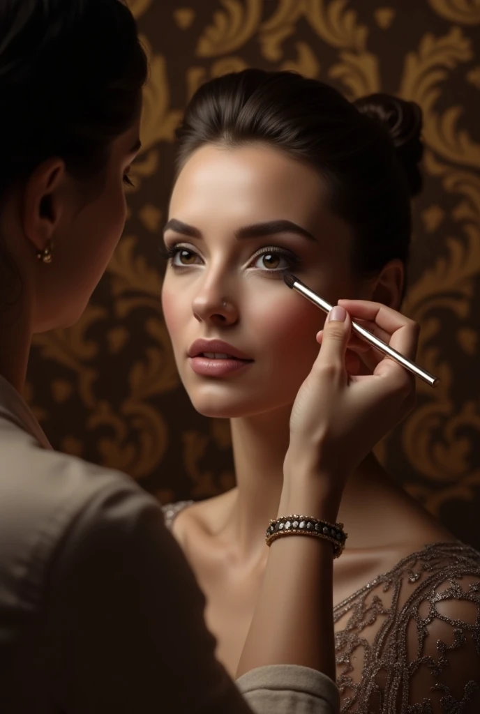 a highly detailed portrait of a professional makeup artist applying makeup to a beautiful female celebrity, masterpiece, best quality, 8k, intricate and ornate wallpaper background, perfect studio lighting, extremely detailed CG, cinematic composition, dra...