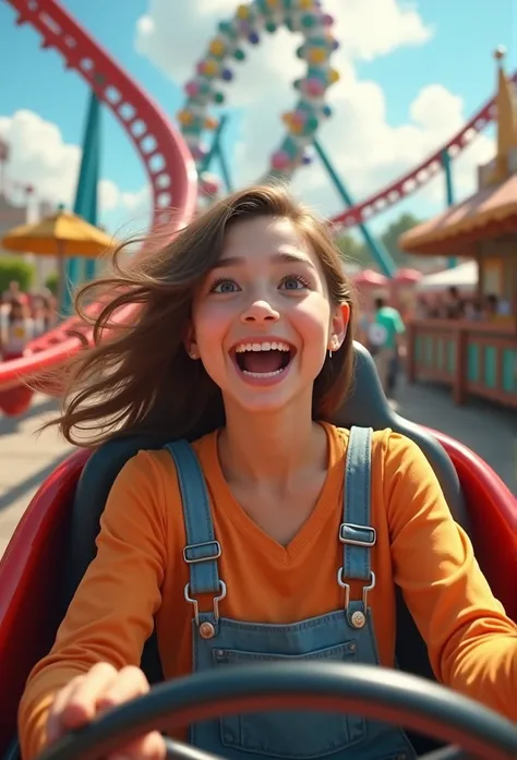 1 teenage girl riding a roller coaster, Happy expression,