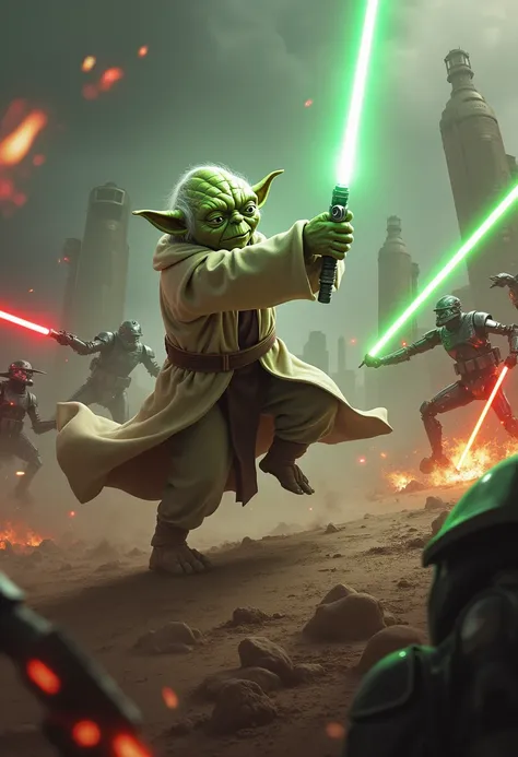 Master Yoda in the heat of battle, wielding his iconic green lightsaber with agile and swift movements. He is surrounded by menacing battle droids, their blasters firing red bolts of energy. Yoda leaps and spins gracefully, deflecting blaster fire with his...