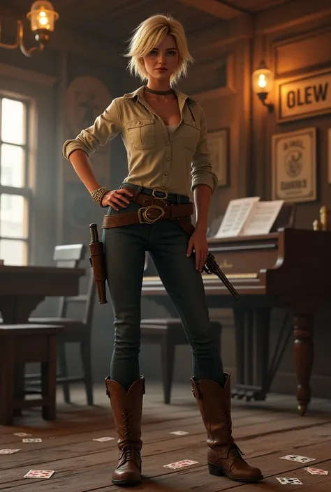 A short-haired cowgirl in an Old West saloon, blonde, session, pipe, whiskey table, piano, 6-shot revolver, barrel, table, playing cards, dust, artwork, 3D, 4k, detailed, realistic