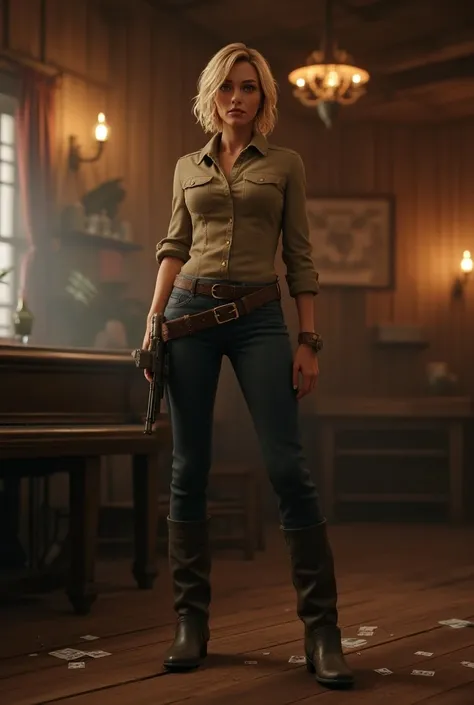 A short-haired cowgirl in an Old West saloon, blonde, session, pipe, whiskey table, piano, 6-shot revolver, barrel, table, playing cards, dust, artwork, 3D, 4k, detailed, realistic