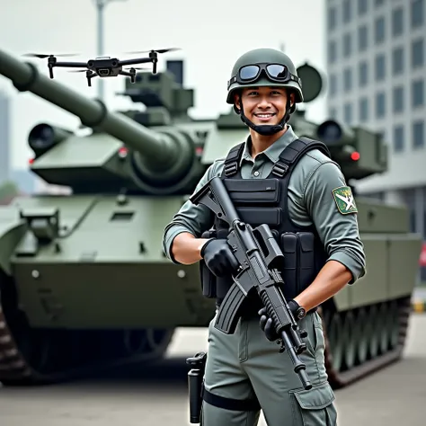 A Confident Male Filipino Army Soldier Full Body in his 20s happy standing smiling and posing in a Filipino Army Base in Downtown Manila, Philippines wearing a Filipino Grey Army Combat helmet with Filipino Army goggles with a Grey Filipino Army fatigue to...