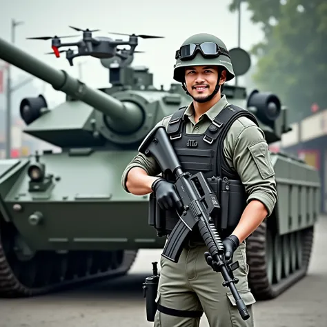 A Confident Male Filipino Army Soldier Full Body in his 20s happy standing smiling and posing in a Filipino Army Base in Downtown Manila, Philippines wearing a Filipino Grey Army Combat helmet with Filipino Army goggles with a Grey Filipino Army fatigue to...