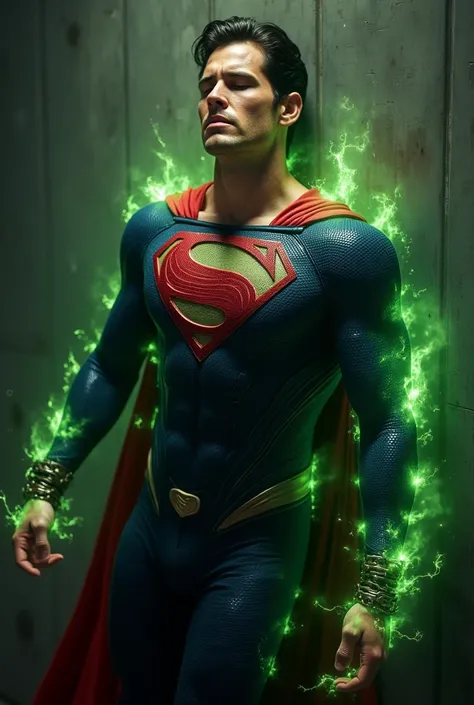 full body shot of a weakened Joe Manganiello dressed as Superman, leaning against a wall, eyes closed, arms chained and outstretched, mouth open in pain, green magic energy emanating from his body, detailed portrait, cinematic lighting, dramatic mood, phot...