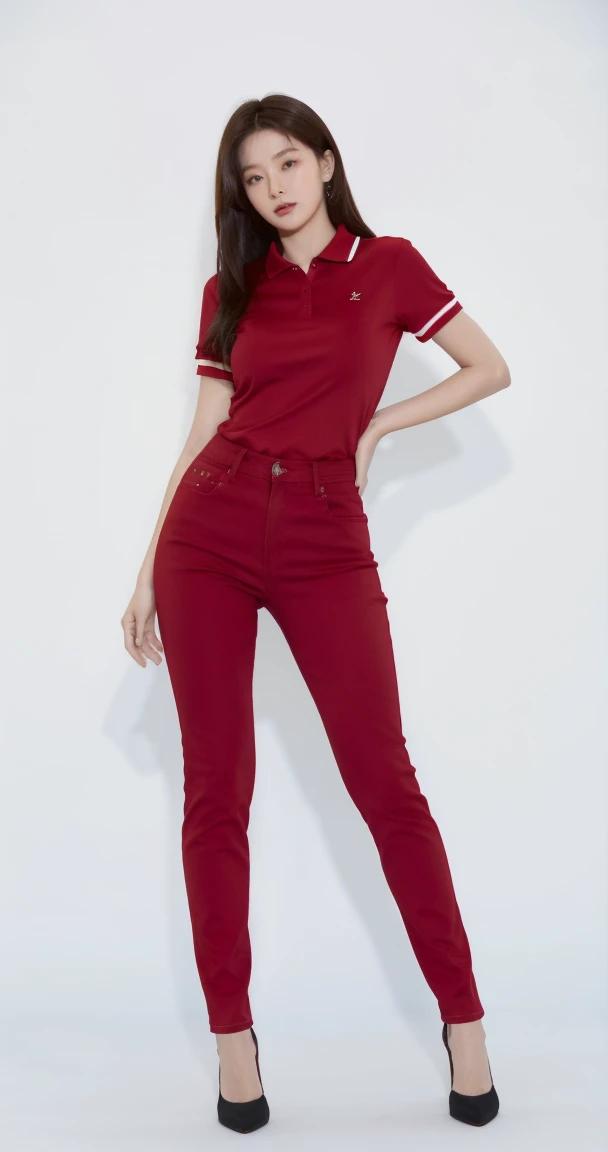 Hot Korean woman wearing red tennis polo, blue skinny tight jeans, and red high heels. Full body from head to toe. Standing in a full height from head to toe. 8k HD resolution best quality. Studio Background 