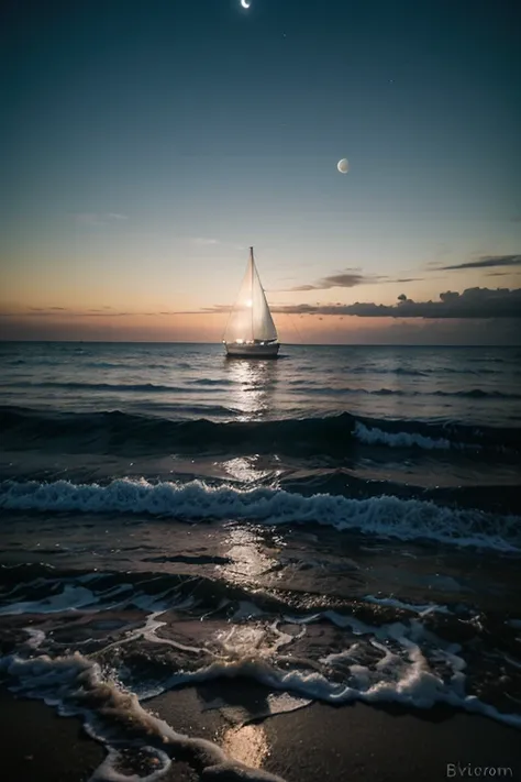 night seascape with waves and distant moon and a large vintage sailboat in the foreground