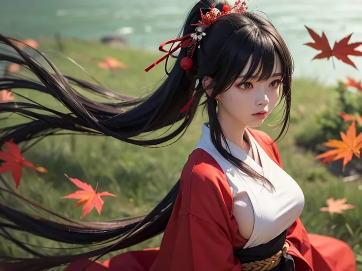 1 girl, black hair, long hair, big breasts,  long sleeves ,   hair tied low ,  miko, Red hakama, expressionless,  ( Dutch angle : 1.1), floating hair, petals ,  looking away , distant shot,  Depth of Field, maple leaf,  maple tree ,  floating clothes , spi...